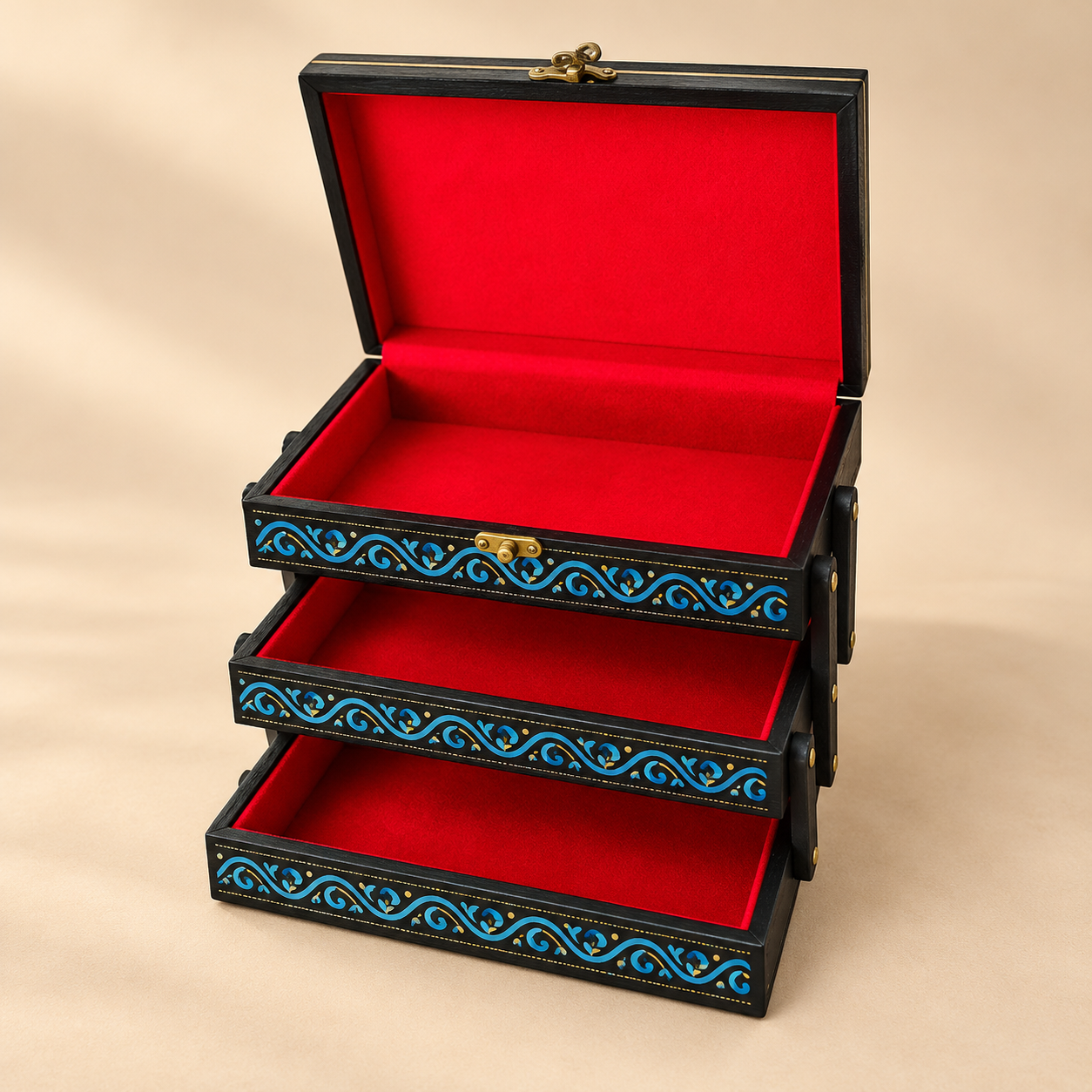 Blue 3-Layer Naqshi Trolley Jewelry Box | Decora Crafts Blue 3-Layer Naqshi Trolley Jewelry Box | Decora Crafts