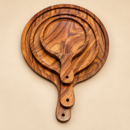 Set of 3 Round Wooden Serving platter with Handle