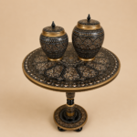wooden table and decorative jars décor set