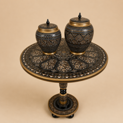 wooden table and decorative jars décor set
